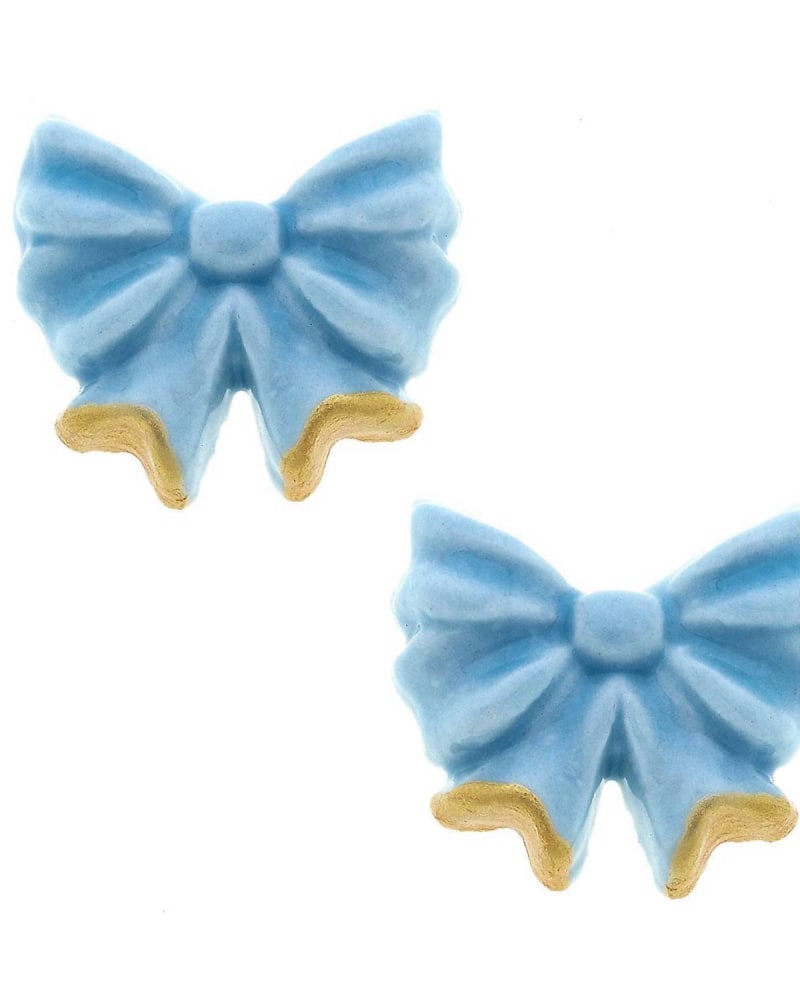 Front of a size O/S Women'S Lucy Porcelain Bow Stud Earrings in Blue in Blue by CANVAS Style. | dia_product_style_image_id:331439